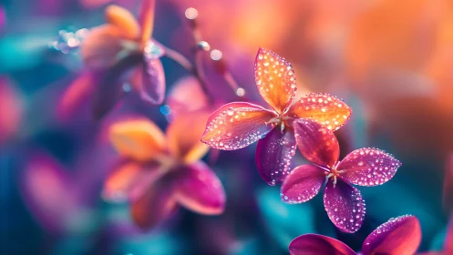 Luminous Flowers with Dew Drops Under Vibrant Color Gradient