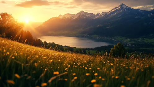 Mountain lake landscape with grassy meadow at sunset period.