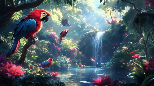 Scarlet macaws share a glowing rainforest lagoon at sunrise