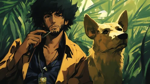 Stylized bearded wanderer and alert dog in dense jungle light