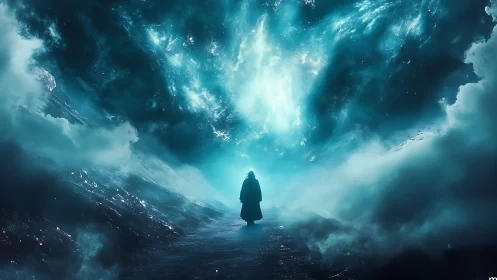 Lone wanderer strides beneath a storm-torn celestial sea.