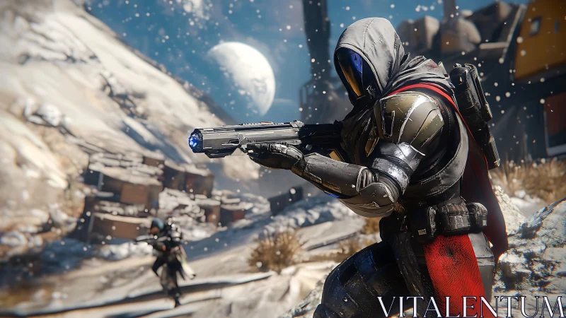 Armored sci fi marksman aiming rifle on frozen exoplanet.