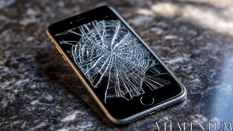 Smartphone with shattered glass screen on granite surface.