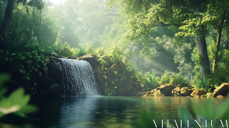 Tranquil Waterfall Nestled in an Emerald Forest Paradise.