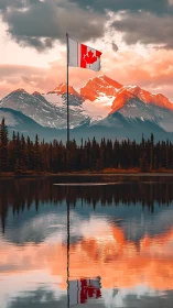 Canadian flag rises over alpine lake at vivid sunset