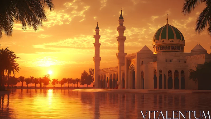 Golden dusk crowns a serene mosque beside mirrored waters