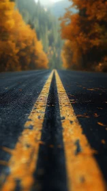Golden autumn highway inviting you into the quiet woods.