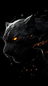 Black panther head with glowing eyes on dark background.