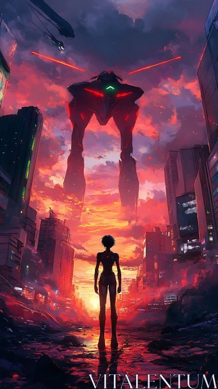 Sunset showdown in a neon city of towering machines.