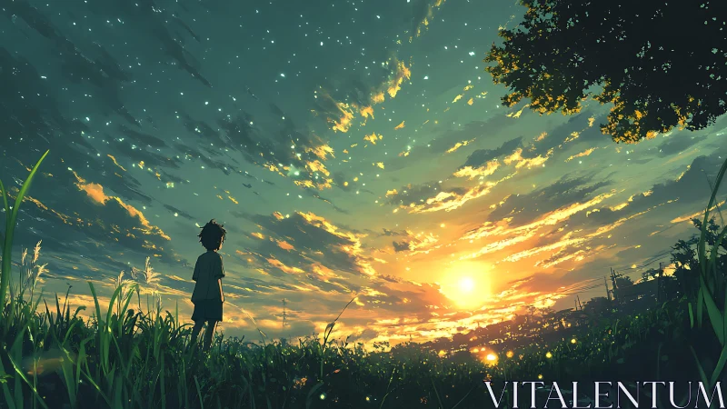 Solitary child watches radiant sunset over summer field