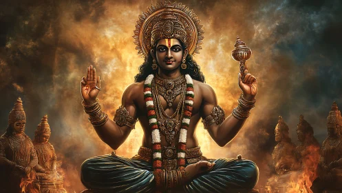 Radiant deity in fiery halo, crowned with serene cosmic poise.