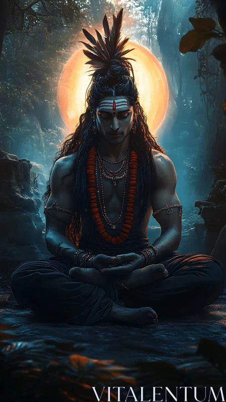 Divine yogic figure meditates before radiant backlit halo