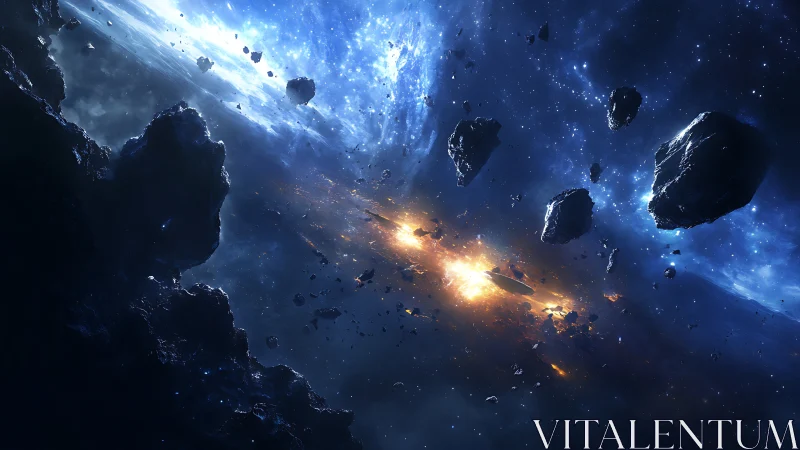 Epic asteroid field glowing with distant cosmic firestorm.