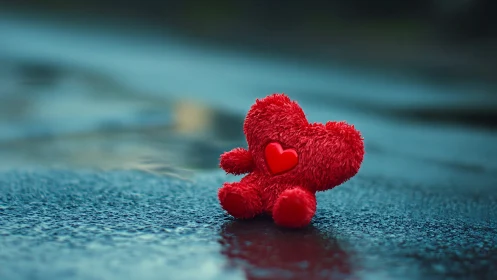 Red Plush Heart Bear on Wet Asphalt with Teal Bokeh.