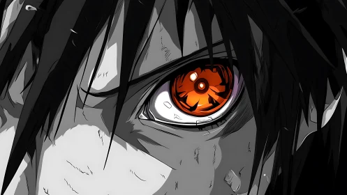 Burning anime eye locks onto the viewer with fierce resolve