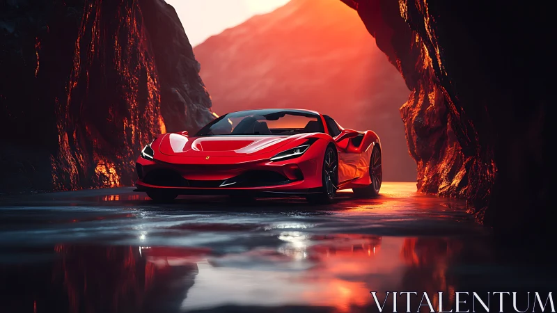 Red sports convertible is rendered in a rocky tunnel environment