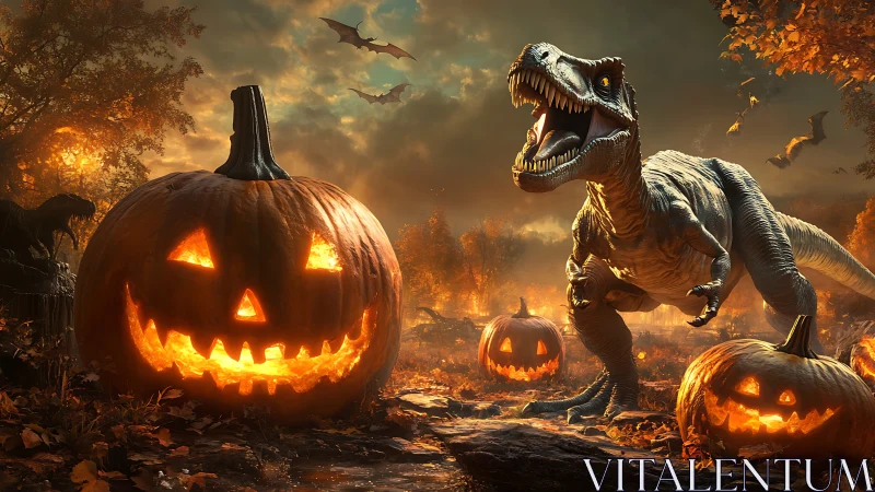 Roaring tyrannosaur amid blazing jack o’lantern pumpkin field.