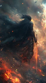 Ashen warlord stands within a storm of molten embers.