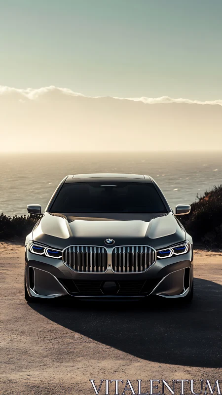 Front view sedan showcases LED DRLs and coastal backlit reflections