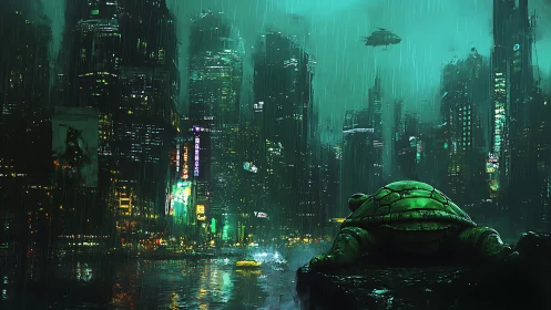 Cybernetic turtle sentinel overlooking neon monsoon megacity.