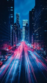 Nighttime city avenue with traffic light trails and towers.