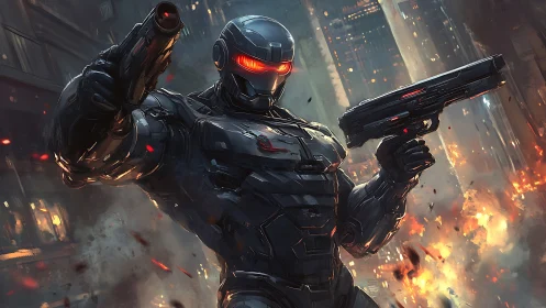 Heavily armed cybernetic soldier advances through burning city