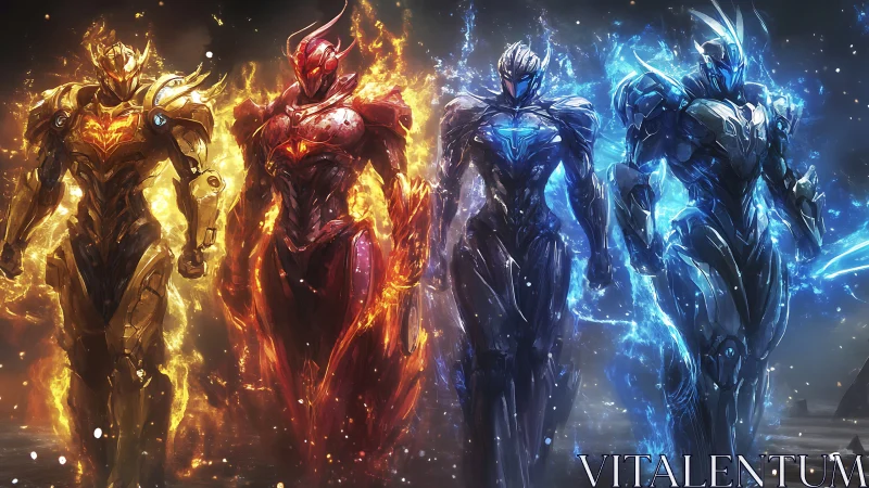 Four elemental armored mechs stand in symmetrical fiery formation