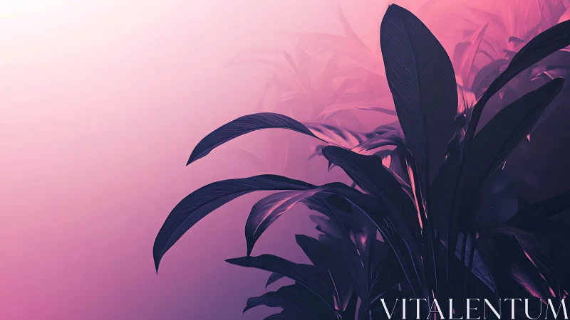 Tropical foliage silhouettes glow under soft pink gradient