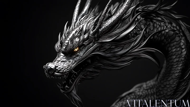 3D metallic dragon bust with coiled serpentine body on black.