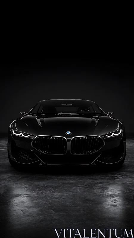 Sleek black sports car waits boldly in a dramatic spotlight