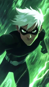White haired masked hero in dynamic green energy vortex