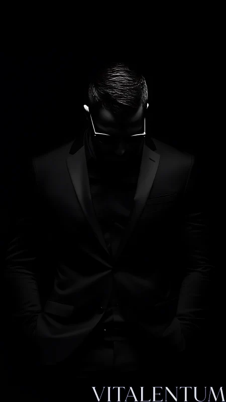 Shadowed man in black suit under dramatic low key light.