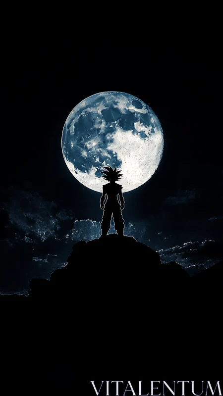 Silhouetted spiky‑haired warrior aligned against high‑contrast lunar disk