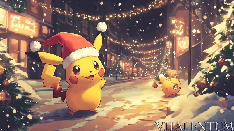 Sparkling winter Pikachu parade under cozy holiday lights.