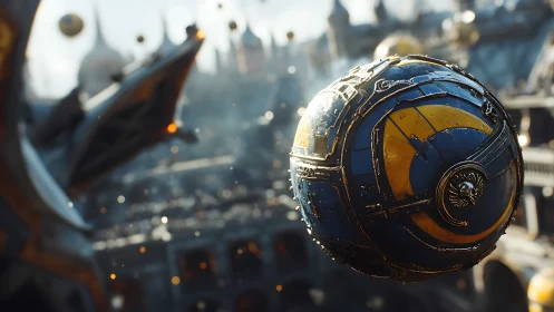 Metallic blue and yellow sphere hovers in detailed cityscape