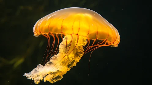 Orange jellyfish suspended in dark aquatic environment.