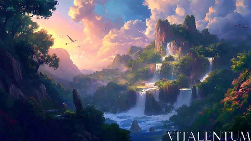 Sunrise cascades over an emerald fantasy waterfall realm.