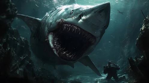 Giant shark lunges toward armed diver in dark seascape.