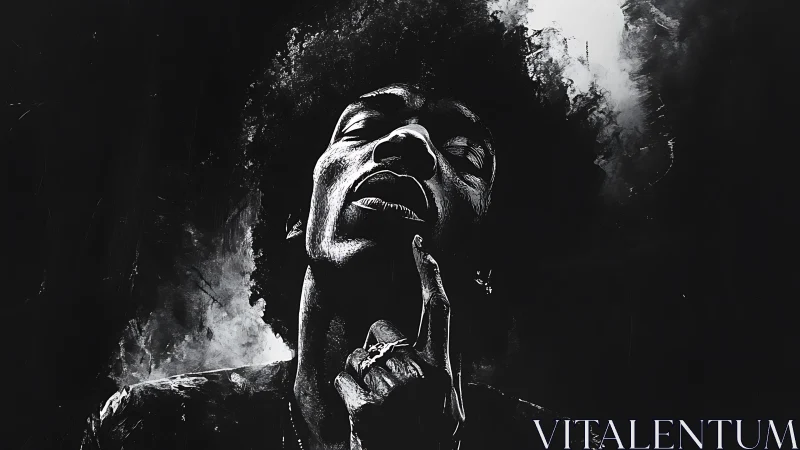 Midnight muse rising in smoke-swirled monochrome reverie.