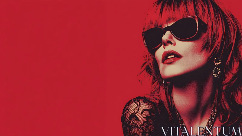 Woman in sunglasses posed against solid red background