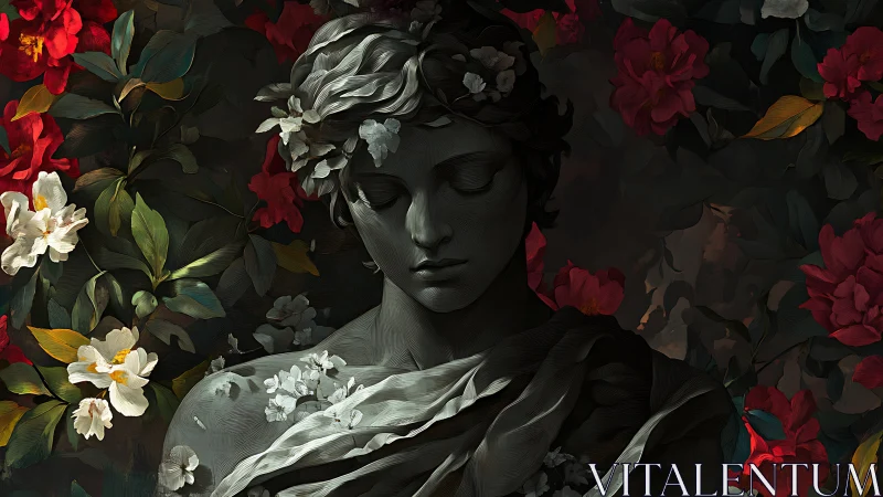 Soft stone muse resting in a garden of deep red blooms.