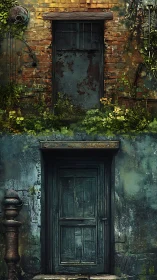 Weathered twin doors in overgrown urban brickwork.