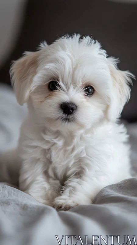 White fluffy puppy lying on bed in soft natural light.
