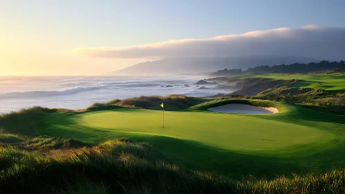 Oceanfront golf green glows in soft coastal sunset light.