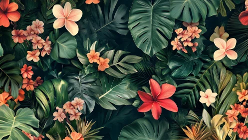 Tropical Floral Composition with Layered Botanical Elements.