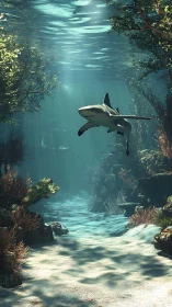 Gentle shark glides through sunlit underwater forest path