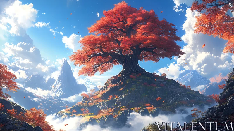 Solitary red-crowned tree on rocky summit above clouds.