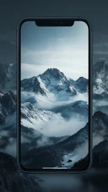 Photorealistic smartphone portal framing alpine mountain vista.