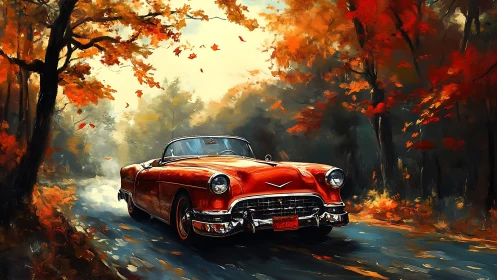 Crimson classic convertible cruising through glowing autumn woods.