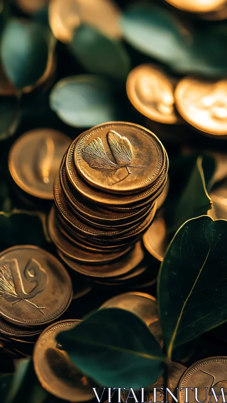 Golden leaf coins rise from lush green foliage background.